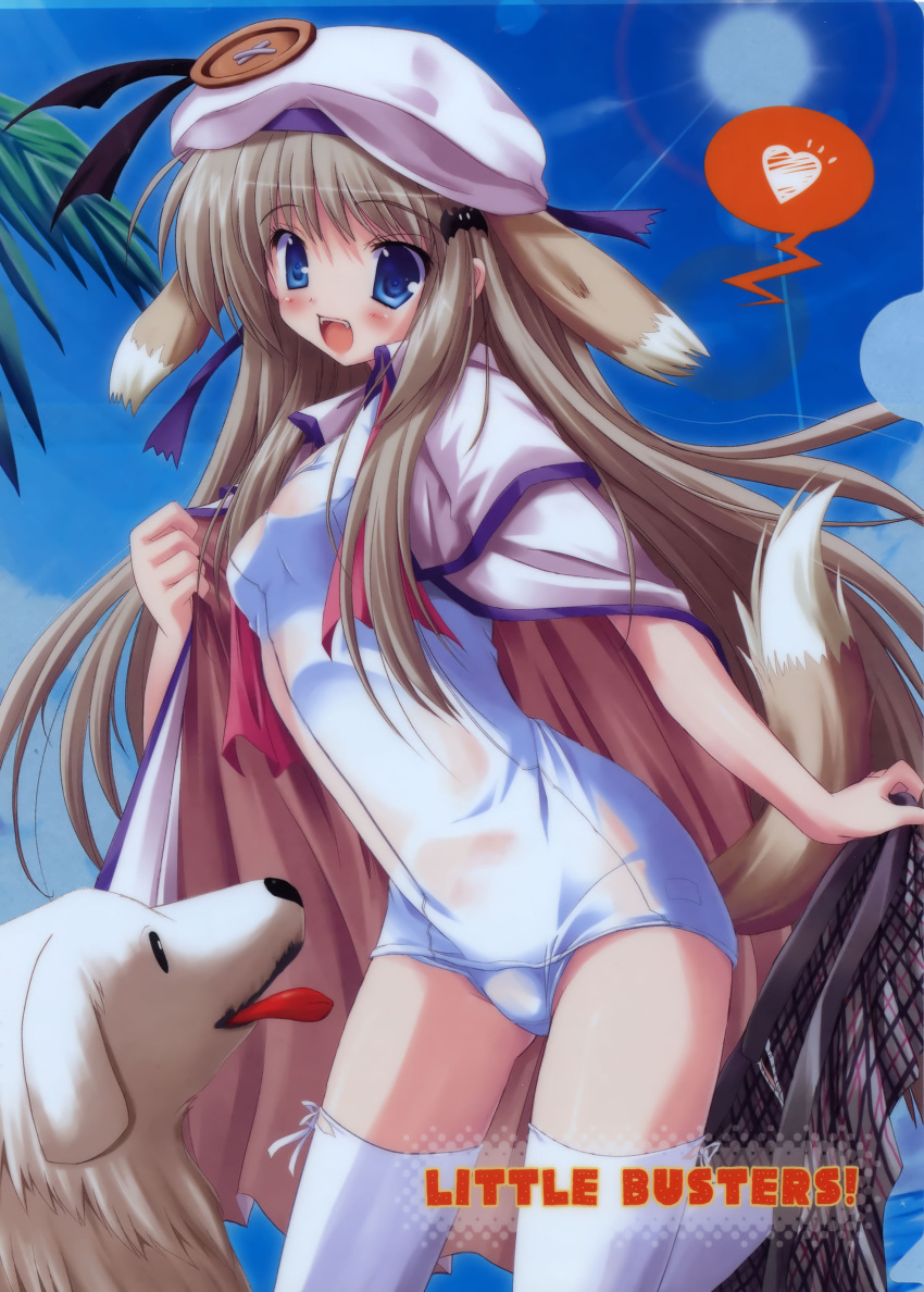 1girl absurdres animal_ears blue_eyes buttons cape dog dog_ears dog_tail fang fangs hat heart highres large_buttons little_busters!! long_hair maruchan. noumi_kudryavka one-piece_swimsuit panties school_swimsuit solo spoken_heart swimsuit tail thigh-highs underwear white_school_swimsuit white_swimsuit
