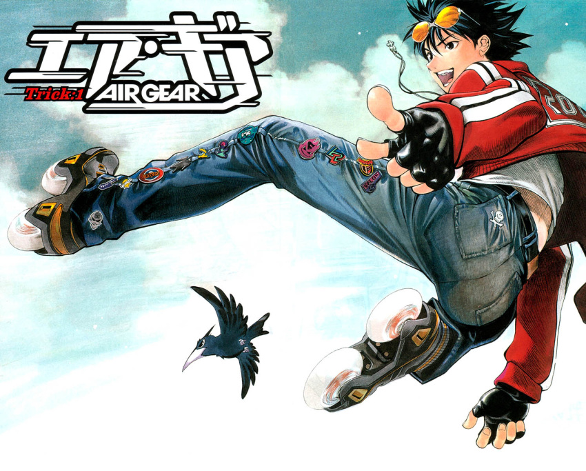 1boy air_gear air_trecks back bird black_eyes black_hair clouds cover cover_page crow denim fingerless_gloves from_behind gloves highres inline_skates jacket jeans jewelry jumping male_focus minami_itsuki necklace oogure_ito outdoors pants pointing roller_skates skates skull_and_crossbones sky solo spiky_hair sunglasses sunglasses_on_head wallpaper