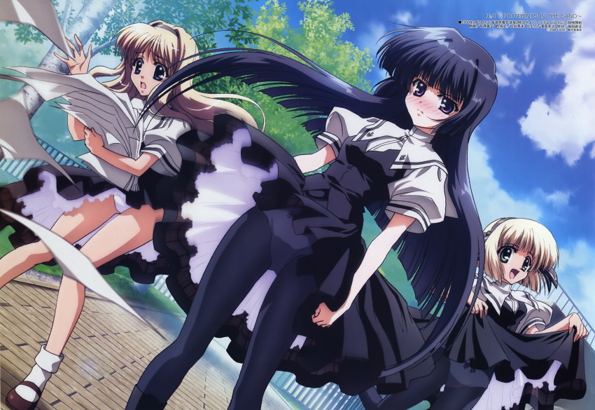 3girls absurdres blush dress dress_lift dutch_angle flying_paper h2o_footprints_in_the_sand highres kagura_hinata kohinata_hayami mary_janes megami multiple_girls official_art oonishi_takako otoha panties panties_under_pantyhose pantyhose pantyshot paper school_uniform serafuku shoes skirt skirt_lift underwear wind wind_lift