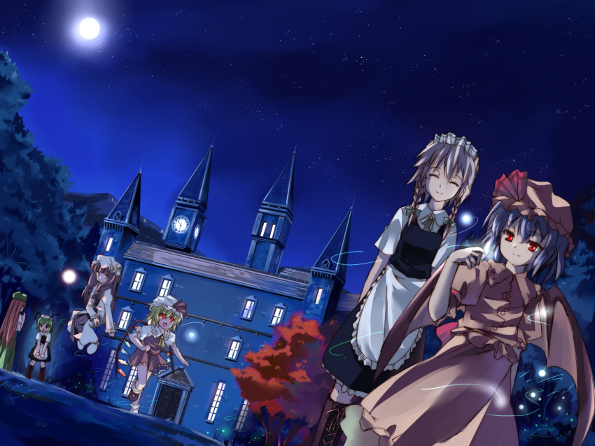 6+girls alternate_costume antennae bat_wings beret clock clock_tower enmaided female fireflies firefly flandre_scarlet hat highres hong_meiling izayoi_sakuya maid maid_headdress multiple_girls night night_sky patchouli_knowledge remilia_scarlet scarlet_devil_mansion sho_(runatic_moon) siblings sisters sky smile star the_embodiment_of_scarlet_devil touhou tower tree wings wriggle_nightbug