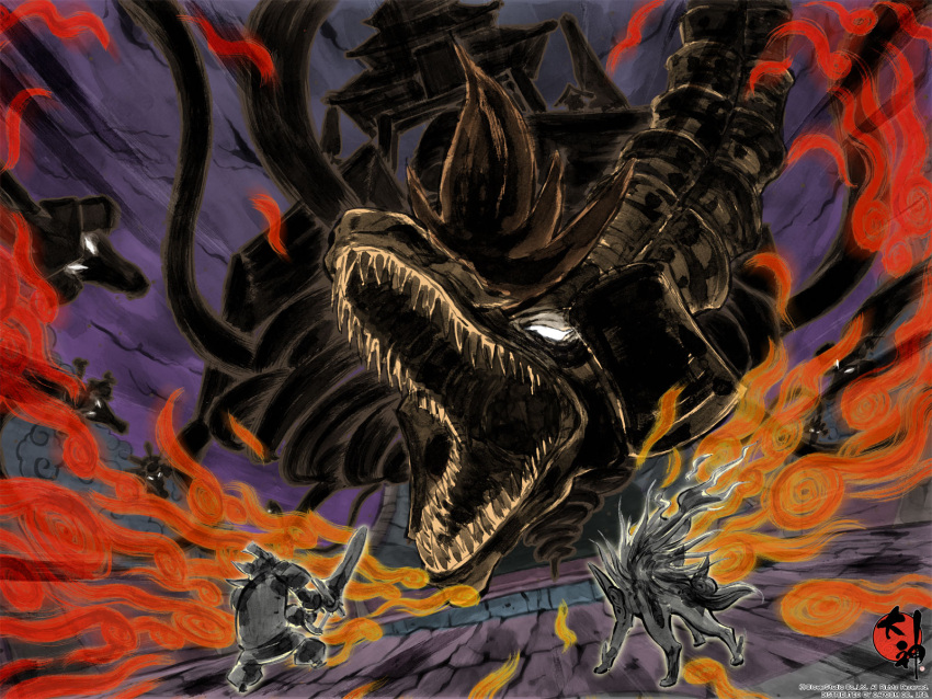 amaterasu dragon fine_art_parody highres nihonga official_art ookami_(game) orochi parody sumi-e wallpaper wolf yamata_no_orochi_(ookami)