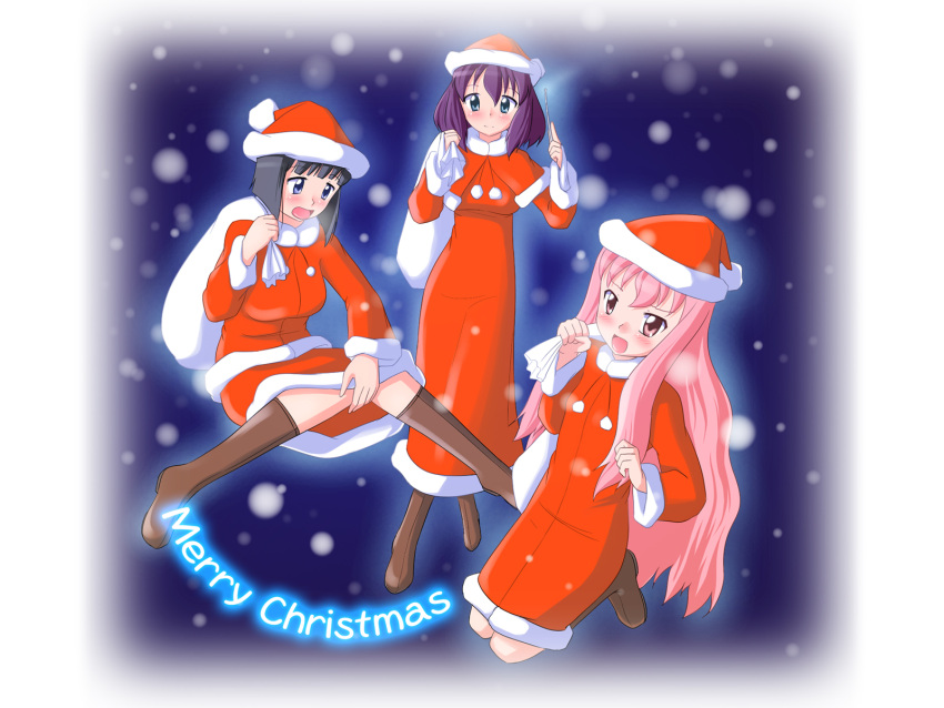 3girls ankle_boots blush boots brown_boots christmas dress english full_body hat henrietta_de_tristain highres kneeling long_hair long_sleeves looking_at_viewer louise_francoise_le_blanc_de_la_valliere merry_christmas multiple_girls nekomanma_(byougatei) over_shoulder pink_hair red_dress sack santa_costume santa_hat siesta sitting snow snowing standing text very_long_hair wariza zero_no_tsukaima