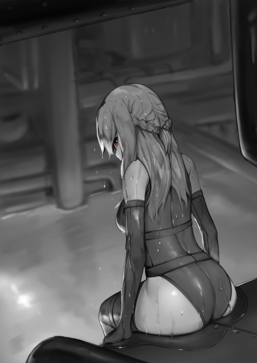 1girl absurdres ass bangs braid breasts from_behind greyscale highres hiiragi_shinoa large_breasts long_hair looking_at_viewer looking_back monochrome owari_no_seraph red_eyes rou_(rou22) sitting solo swimsuit thigh-highs thighs wet