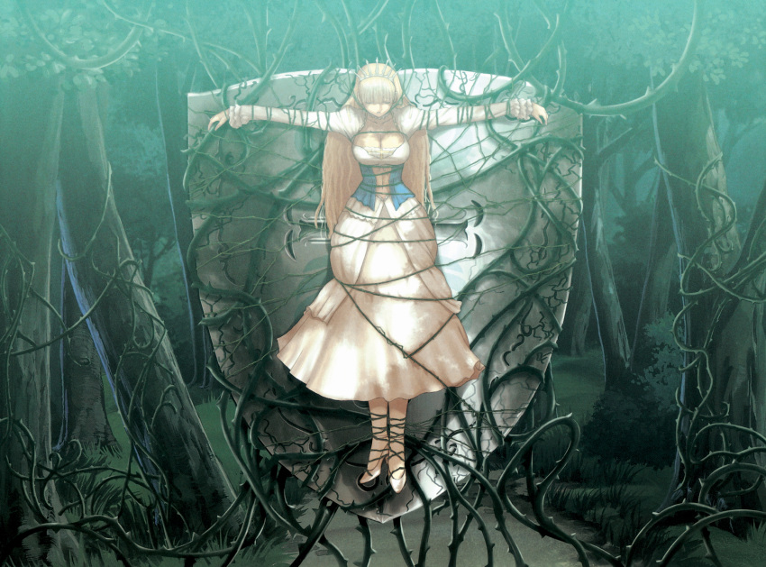1girl bdsm blonde_hair bondage bound breasts clalaclan_philias cleavage highres long_hair outstretched_arms plant sega shield shining_(series) shining_wind solo spread_arms tanaka_takayuki thorns very_long_hair vines