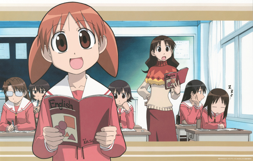 6+girls azumanga_daioh black_hair book brown_eyes brown_hair chalkboard child classroom glasses highres kagura kagura_(azumanga_daiou) kasuga_ayumu long_hair mihama_chiyo mizuhara_koyomi multiple_girls official_art orange_hair sakaki school_uniform serafuku short_twintails sleeping takino_tomo tanizaki_yukari twintails