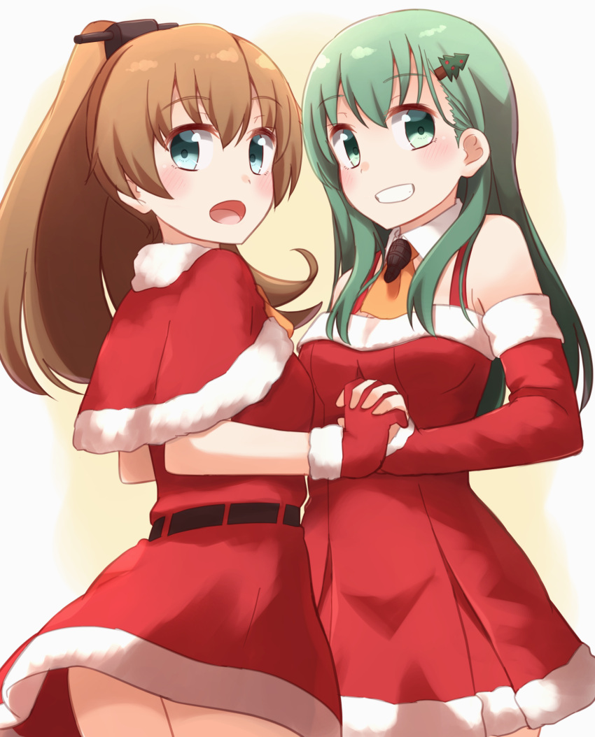 2girls blue_eyes blush brown_hair christmas_tree_hair_ornament clenched_teeth elbow_gloves eyebrows_visible_through_hair gloves green_eyes green_hair hand_holding highres interlocked_fingers kantai_collection kapatarou kumano_(kantai_collection) long_hair looking_at_viewer multiple_girls open_mouth ponytail red_gloves santa_costume smile suzuya_(kantai_collection) teeth