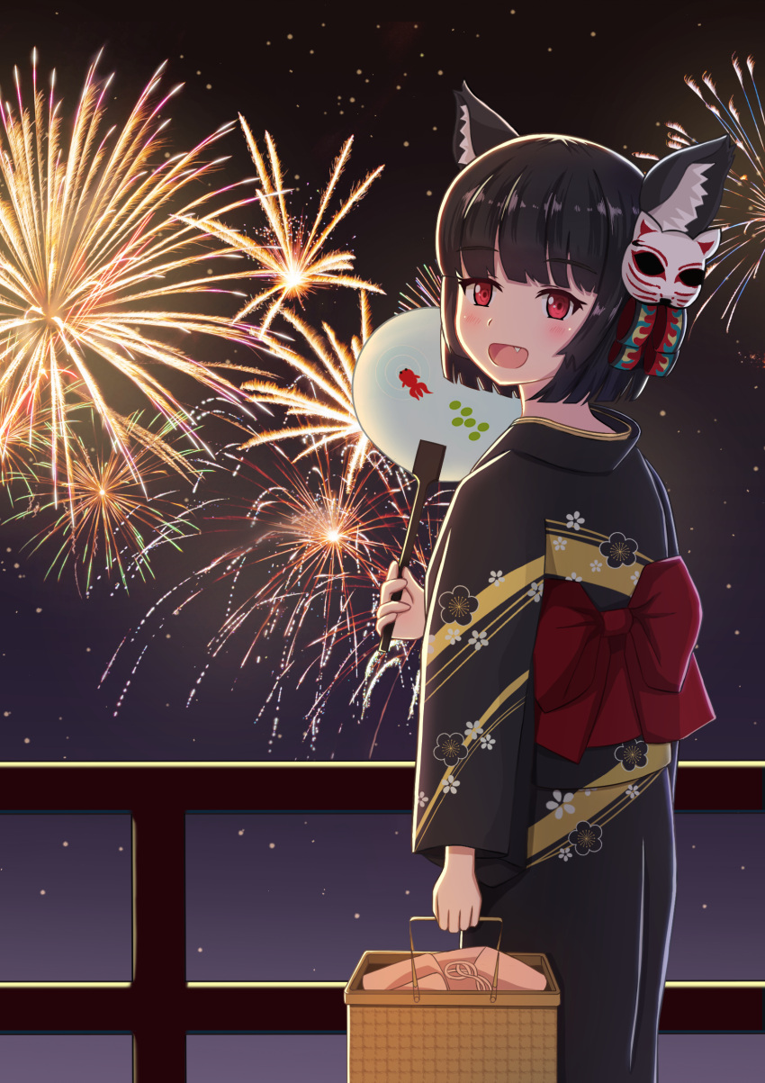 1girl animal_ears azur_lane basket biako black_hair bow eyebrows_visible_through_hair fan fang fireworks floral_print highres holding holding_basket japanese_clothes kimono looking_back mask mask_on_head night night_sky obi open_mouth paper_fan red_eyes sash short_hair sky standing yamashiro_(azur_lane) yukata