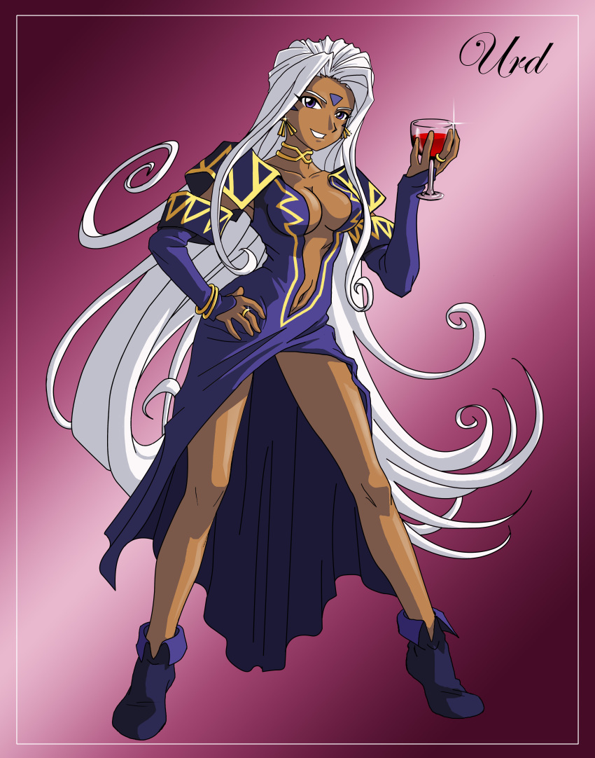 1girl aa_megami-sama absurdres breasts center_opening choker cleavage cup dark_skin detached_sleeves drinking_glass earrings facial_mark forehead_mark highres jewelry long_hair medium_breasts ring shiroboi urd very_long_hair violet_eyes white_hair wine_glass