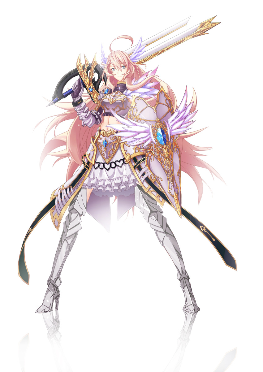 1girl absurdres armor blonde_hair blue_eyes heart highres kyoumu_(huangf91) long_hair original shield solo sword very_long_hair weapon