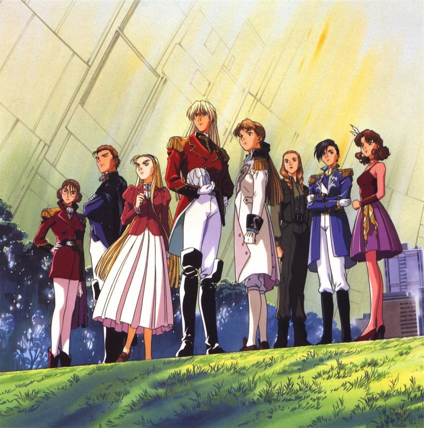 2boys 6+girls 90s asymetrical_bob_cut blonde_hair boots braid brown_hair catherine_bloom cravat dorothy_catalonia epaulettes everyone eyebrows glasses gloves grass gundam gundam_wing high_heels highres lady_une long_hair lucrezia_noin mask military military_uniform milliardo_peacecraft multiple_boys multiple_girls murase_shuko pantyhose plant relena_peacecraft sally_po shoes space tree treize_khushrenada twin_braids uniform white_legwear zechs_merquise