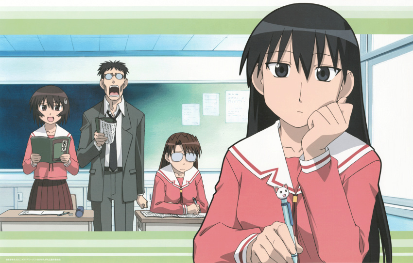 1boy 3girls azumanga_daioh black_hair brown_eyes brown_hair chair chalkboard chin_rest classroom desk glasses highres kagura kagura_(azumanga_daiou) kimura long_hair mizuhara_koyomi multiple_girls official_art sakaki school_uniform serafuku