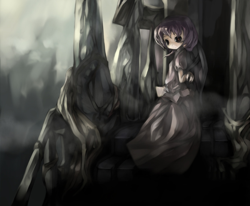 1girl bangs bat_wings brown_eyes cusui dark dress expressionless female lonely looking_at_viewer muted_color outdoors overgrown pink_dress purple_hair railing remilia_scarlet short_hair short_sleeves solo stairs touhou vines wings