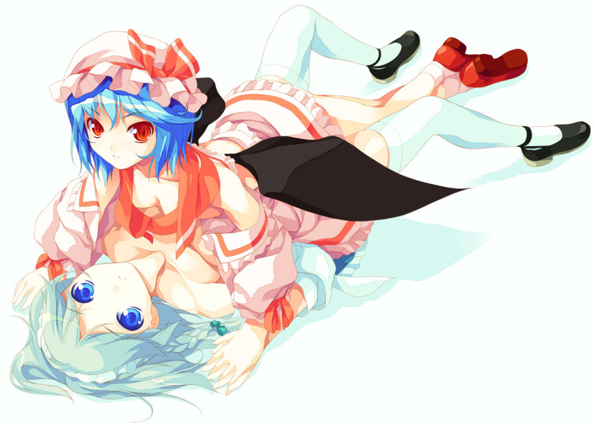 2girls bare_shoulders bat_wings blue_eyes blue_hair bonnet collarbone colored_eyelashes downblouse eyelashes female flat_chest girl_on_top hand_holding interlocked_fingers izayoi_sakuya looking_at_viewer looking_up lying mary_janes multiple_girls open_clothes open_shirt red_eyes remilia_scarlet shirota_dai shirt shoes short_hair silver_hair simple_background thigh-highs touhou undressing wings yuri