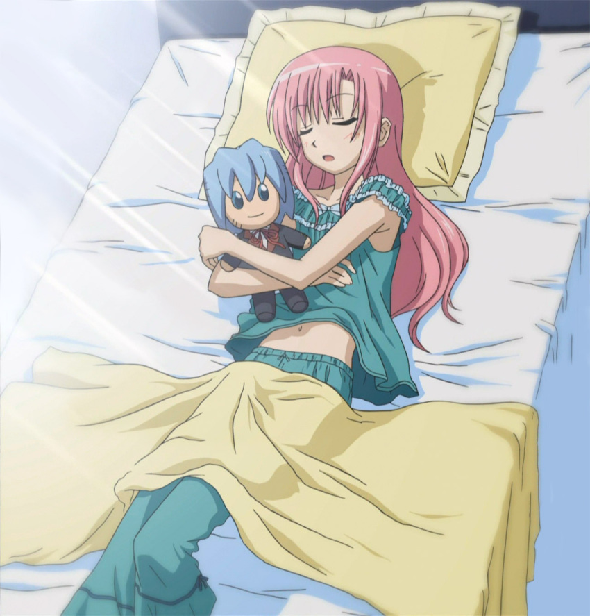 bed doll hayate_no_gotoku! highres katsura_hinagiku long_hair midriff pajamas pink_hair screencap sleeping stitched