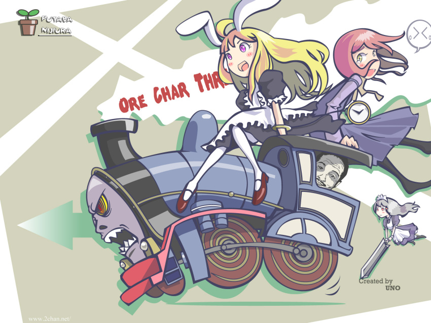 3girls animal_ears character_request edward_the_blue_engine highres inemuri_uno inemuriuno locomotive maid multiple_girls pocket_watch rabbit_ears steam_locomotive thomas_the_tank_engine train watch