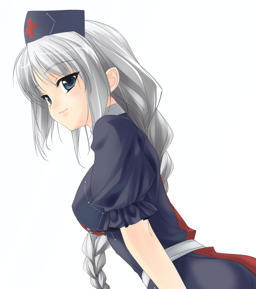 1girl ass bangs blue_eyes braid breasts duplicate dutch_angle female hat highres large_breasts lips long_hair looking_at_viewer looking_back nurse_cap parted_bangs rokuwata_tomoe sash silver_hair simple_background skirt skirt_set smile solo standing touhou very_long_hair white_background yagokoro_eirin