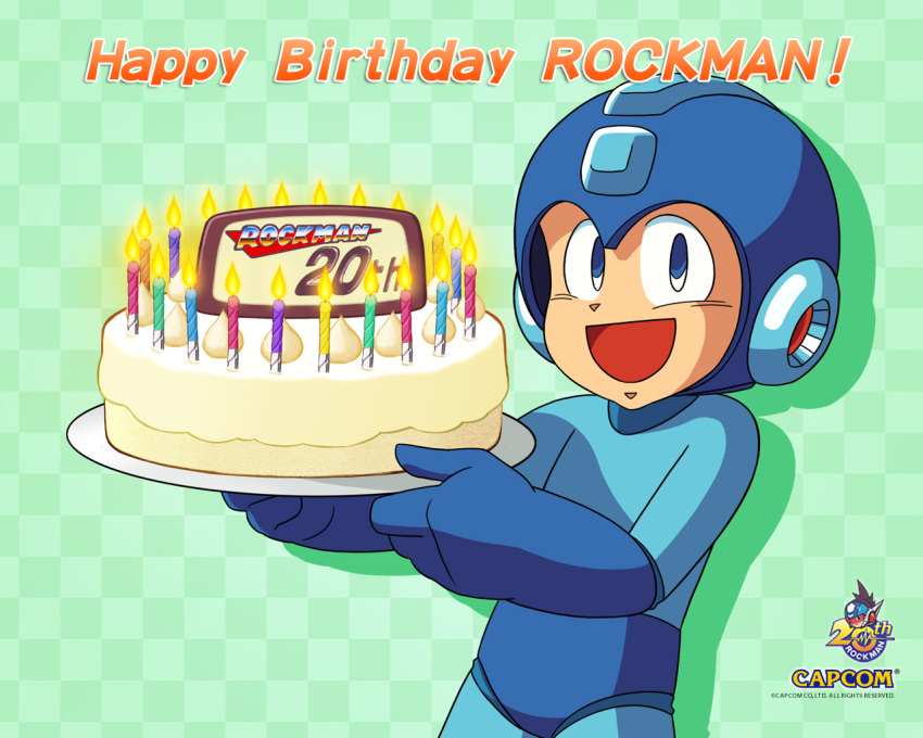 1boy birthday birthday_cake cake candle capcom english food green_background happy_birthday helmet male_focus official_art pastry plate rockman rockman_(character) rockman_(classic) solo wallpaper