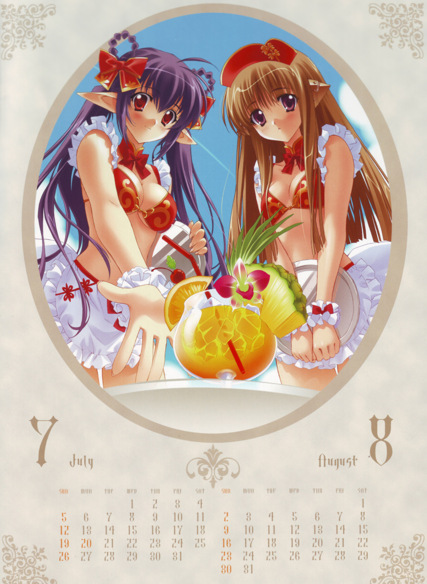 2girls :o absurdres antenna_hair apron august bangs bikini bikini_top blue_hair blush bow bowtie braid breasts brown_hair calendar carnelian cherry cleavage cloud detached_collar drink embarrassed fairy_factory fingernails flower food foreshortening frills fruit hair_bow hat highres holding ice july long_fingernails long_hair looking_at_viewer midriff multiple_girls orange outdoors outstretched_hand payot pineapple pointy_ears print_bikini purple_eyes purple_hair red_eyes robot_ears scan seika_(fairy_factory) sky smile straw swimsuit table touka_(fairy_factory) transparent tray twin_braids twintails underboob very_long_hair violet_eyes waist_apron waitress wrist_cuffs