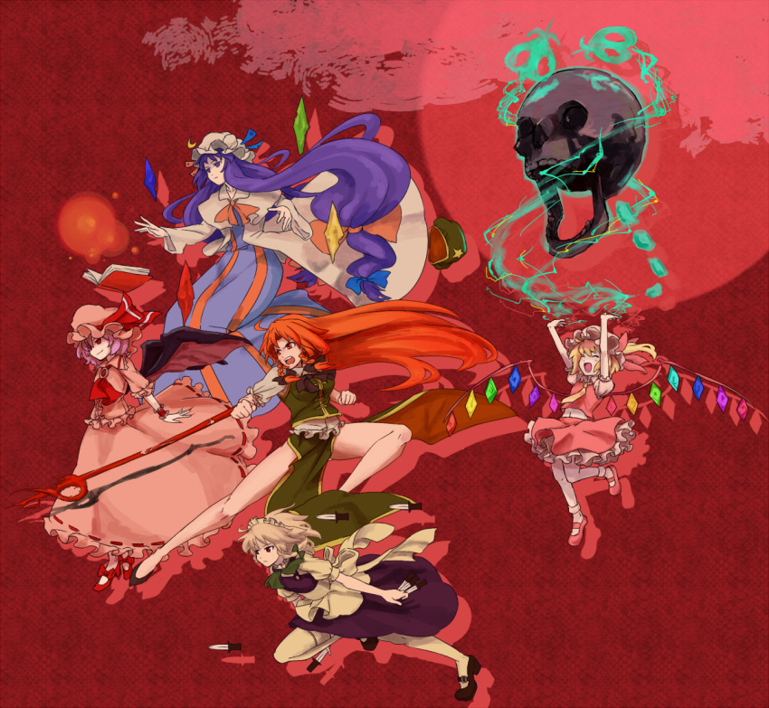 bat_wings blonde_hair blue_hair flandre_scarlet hairband hat hong_meiling izayoi_sakuya knife patchouli_knowledge purple_hair red_eyes red_hair redhead remilia_scarlet ribbon shiba_murashouji silver_hair touhou wings