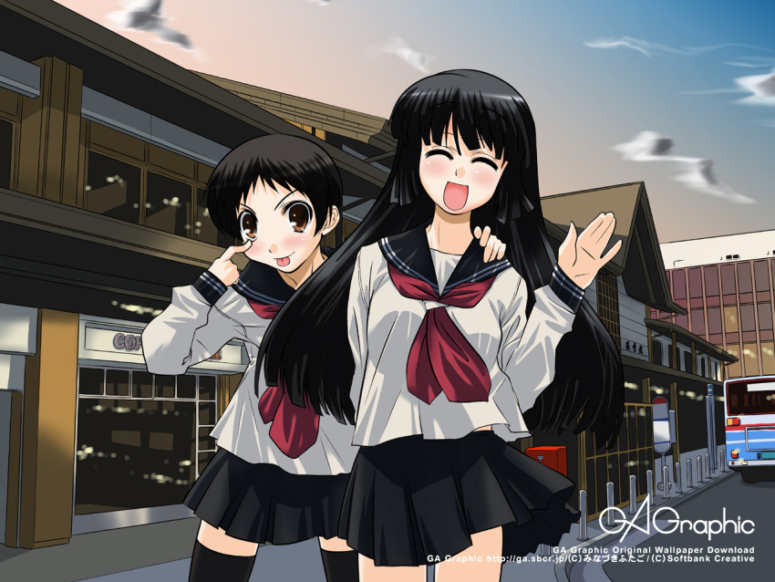2girls gagraphic minazuki_futago multiple_girls school_uniform serafuku thigh-highs wallpaper