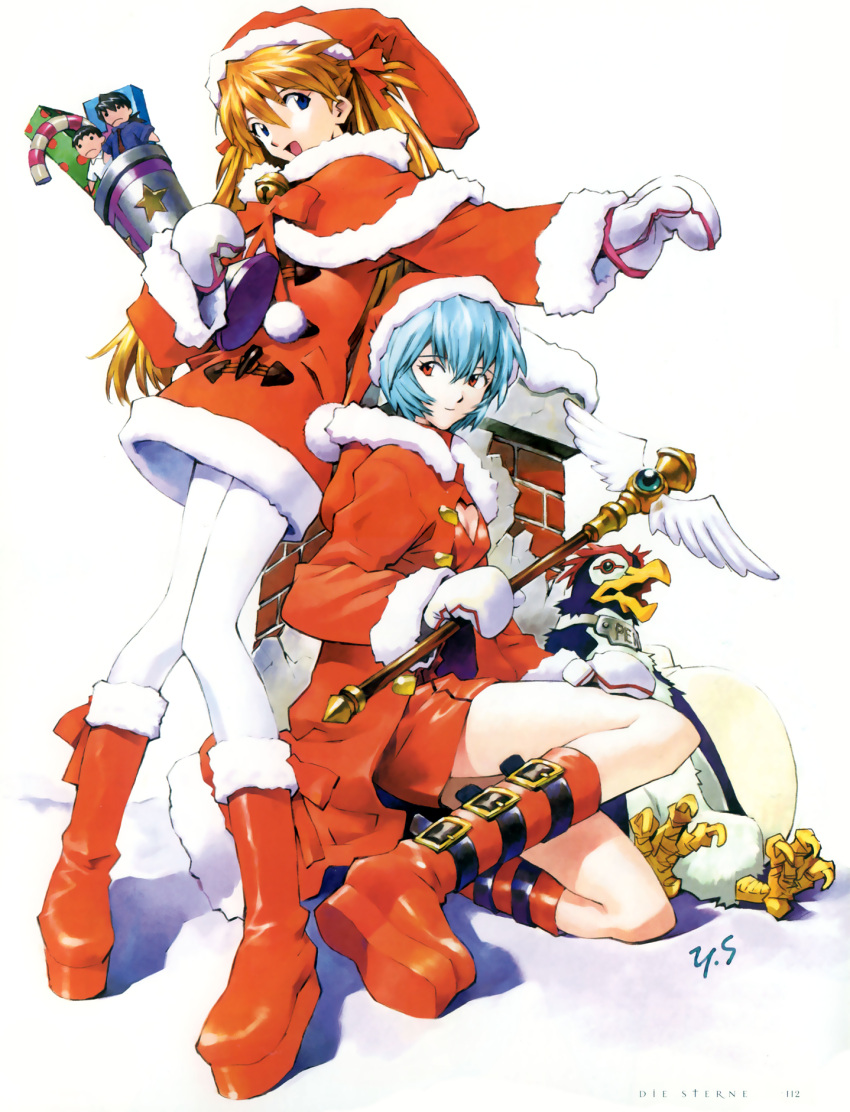 2girls :d alternate_costume ayanami_rei bangs bell bird blue_eyes blue_hair boots bow bowtie breasts buckle candy candy_cane capelet character_doll chimney christmas cleavage cleavage_cutout coat dress from_side full_body fur_trim gem german gift hair_between_eyes hair_ribbon hand_on_own_thigh hat heart heart_cutout highres holding hood hood_down ikari_shinji jingle_bell kaji_ryouji knee_boots long_hair looking_at_viewer mittens multiple_girls name_tag neon_genesis_evangelion official_art open_clothes open_coat open_mouth orange_hair outstretched_arm page_number pantyhose penguin penpen platform_footwear polka_dot pom_pom_(clothes) red_boots red_eyes redhead ribbon rooftop sack sadamoto_yoshiyuki santa_costume santa_hat scan shadow short_dress short_hair signature simple_background sitting skirt small_breasts smile snow souryuu_asuka_langley standing star two_side_up wand white_background white_legwear wings winter_clothes