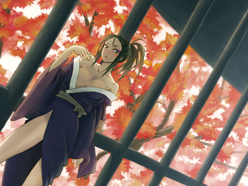 1girl autumn autumn_leaves bare_shoulders breasts cleavage highres japanese_clothes kimono leaf maple_leaf obi original pepe_(pepe's_hp) sash solo yukata