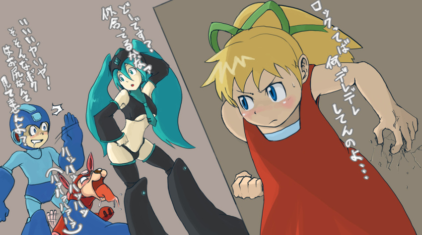 1boy 2girls aqua_hair bad_id capcom crossover hatsune_miku jealous multiple_girls niimori_hiroshi rockman rockman_(character) rockman_(classic) roll rush_(rockman) translated translation_request twintails vocaloid