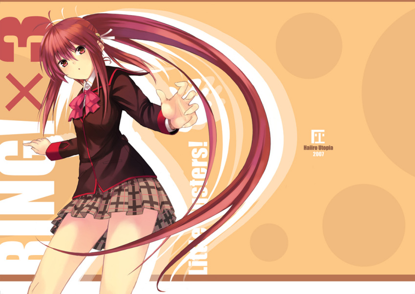 1girl beige_background bow bowtie brown_skirt contrapposto cowboy_shot kitagawa_unagi little_busters!! long_hair long_sleeves looking_at_viewer natsume_rin pink_bow plaid plaid_skirt pleated_skirt ponytail red_bow red_bowtie red_eyes redhead simple_background skirt solo standing text very_long_hair