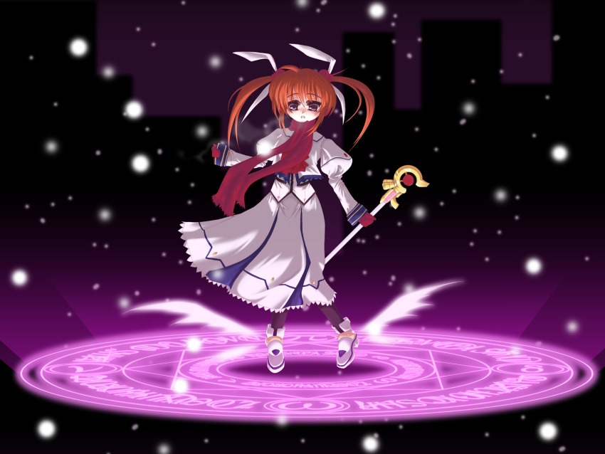 1girl animal_ears blue_eyes bow breath brown_hair dress frapowa gloves hair_ribbon highres lyrical_nanoha magazine_(weapon) magic_circle magical_girl mahou_shoujo_lyrical_nanoha mahou_shoujo_lyrical_nanoha_a's mittens rabbit_ears raising_heart red_bow redhead ribbon scarf shoes snowing solo takamachi_nanoha twintails violet_eyes wand winged_shoes wings