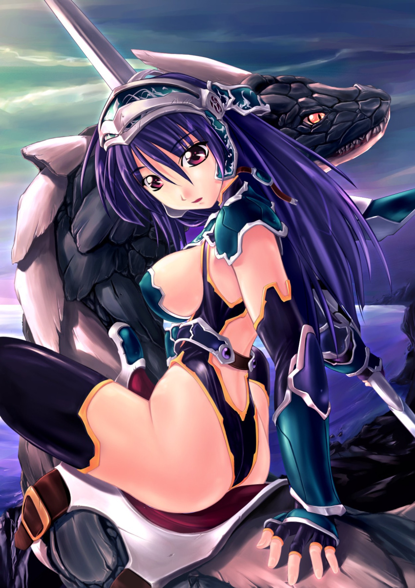 1girl amei_sumeru arm_support armor ass ass_cutout back_side_thighs black_legwear blue_hair breasts cleavage_cutout dragon elbow_gloves fantasy fingerless_gloves from_behind gloves helm helmet highleg highres horns leather_straps long_hair looking_back outdoors pink_eyes purple_hair red_eyes riding saddle sideboob sitting sky solo straddling sword thigh-highs violet_eyes water weapon