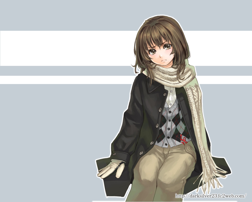 1girl arms_at_sides blush brown_eyes brown_hair coat frown gloves kurogin looking_at_viewer original scarf simple_background solo sweater sweater_vest two-tone_background upset wallpaper watermark web_address winter_clothes winter_coat
