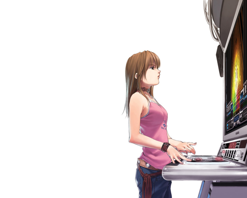 1girl arcade beatmania beatmania_iidx belt bemani blonde_hair bracelet brown_eyes brown_hair casual choker collar computer denim hidari_(left_side) jeans jewelry pants phonograph playing_games solo speaker tank_top turntable video_game wallpaper white_background