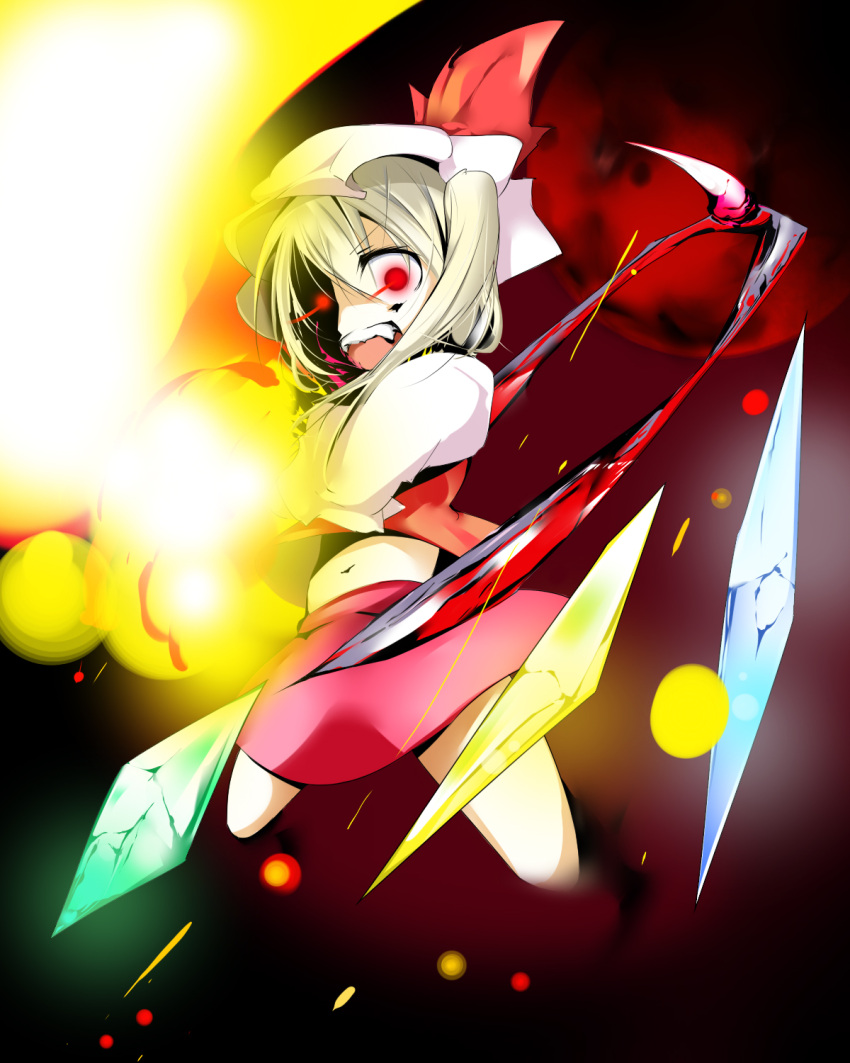 1girl blonde_hair blood crazy_eyes female flandre_scarlet full_moon hat hat_ribbon highres looking_at_viewer midriff mob_cap moon oouso_(usotsukiya) open_mouth puffy_short_sleeves puffy_sleeves red_eyes red_moon red_ribbon red_skirt ribbon short_sleeves side_ponytail skirt skirt_set solo teeth touhou vest wings