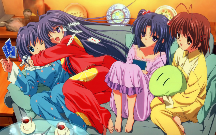 4girls barefoot card clannad dango_daikazoku floating_card fujibayashi_kyou fujibayashi_ryou furukawa_nagisa highres ichinose_kotomi lossy-lossless multiple_girls official_art pajamas siblings sisters sleepover twins wallpaper