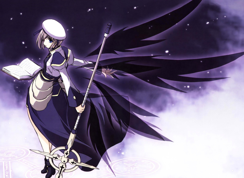 1girl blue_eyes book brown_hair hat highres lyrical_nanoha mahou_shoujo_lyrical_nanoha mahou_shoujo_lyrical_nanoha_strikers schwertkreuz short_hair solo staff tome_of_the_night_sky wings x_hair_ornament yagami_hayate
