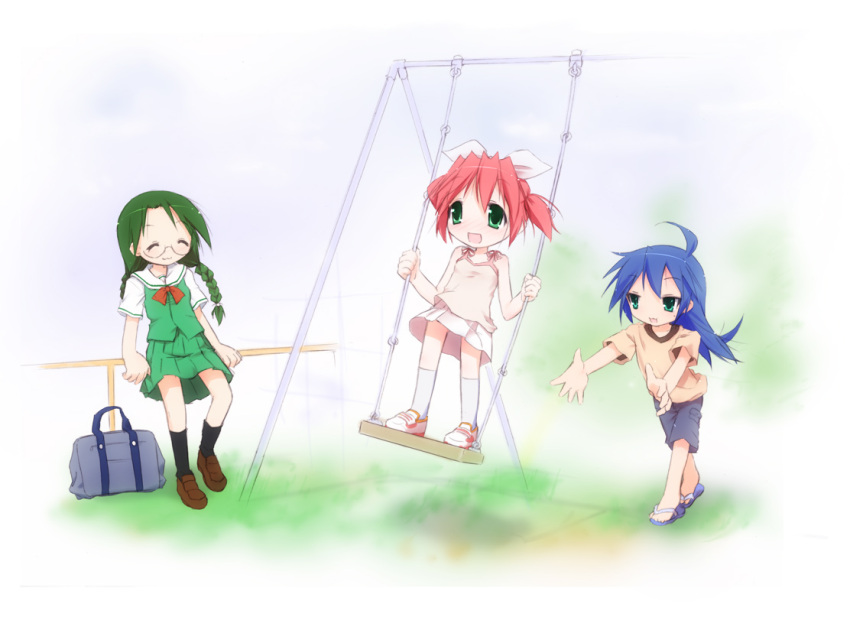 3girls :3 :d ^_^ ahoge bad_anatomy bag blue_hair bow braid closed_eyes cousins dress glasses green_eyes green_hair hair_bow izumi_konata kobayakawa_yutaka kuroba_u lucky_star multiple_girls narumi_yui open_mouth pink_hair poorly_drawn sandals school_bag school_uniform serafuku shoes short_sleeves shorts siblings sisters smile socks standing swinging twin_braids twintails younger