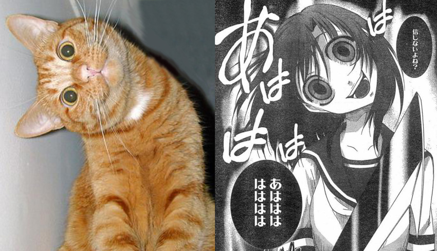 1girl billhook cat comic comparison crazy_eyes hatchet head_tilt higurashi_no_naku_koro_ni monochrome parody photo ryuuguu_rena