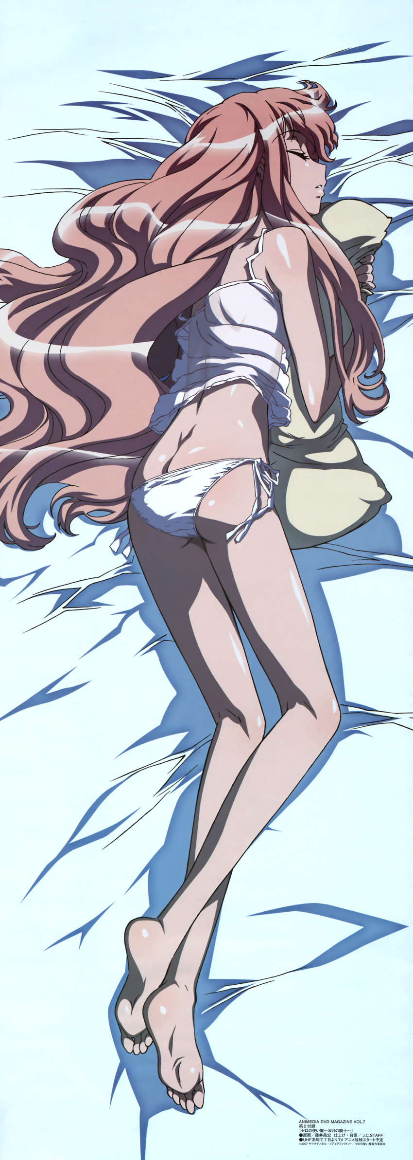 1girl absurdres artist_request barefoot butt_crack camisole closed_eyes feet fujii_masahiro highres kneepits long_hair long_image long_legs louise_francoise_le_blanc_de_la_valliere official_art panties pillow pillow_hug pink_eyes pink_hair pinup see-through side-tie_panties sleeping soles solo tall_image underwear very_long_hair zero_no_tsukaima