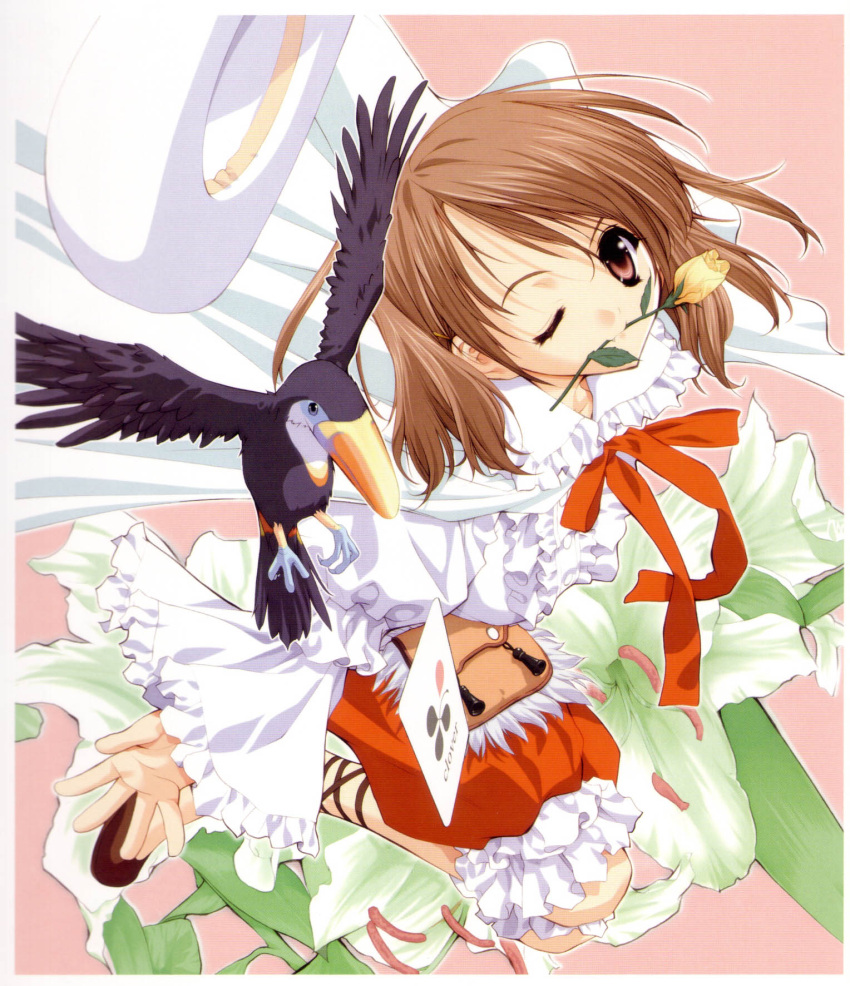 00s 1girl bird brown_hair dress fang flower flower_in_mouth frills hat hat_removed headwear_removed highres lily_(flower) mouth_hold neck_ribbon one_eye_closed ribbon sakuya_(sister_princess) scan sister_princess solo wink yotsuba_(sister_princess)