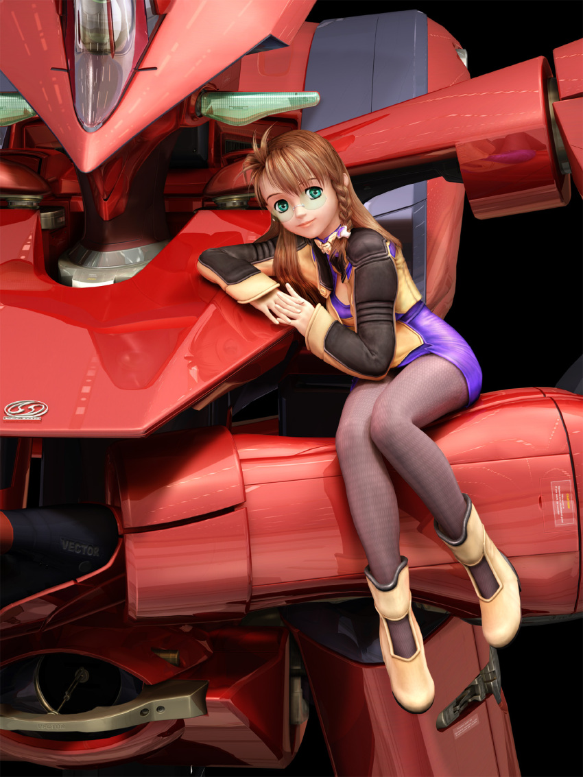 1girl 3d antenna_hair aqua_eyes boots braid breasts brown_hair cleavage cleavage_cutout dress game glasses green_eyes hands_clasped highres jacket leaning lipstick long_hair makeup mecha pantyhose reflection shiny shion_uzuki short_dress side_braid sitting small_breasts smile solo turtleneck xeno_(series) xenosaga