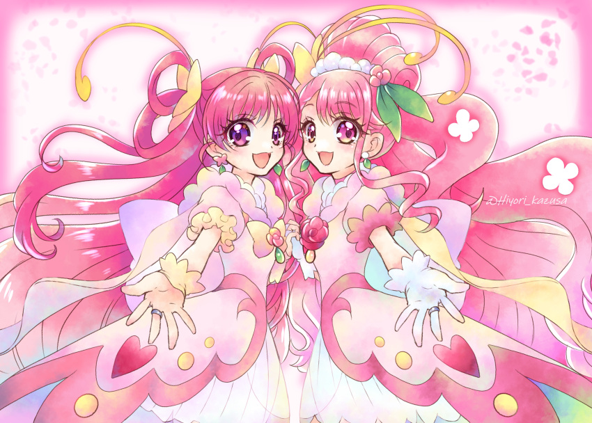2girls :d absurdres back_bow blush bow cowboy_shot cure_dream cure_grace dream_cure_grace dress earrings flower frills gloves hair_bun hair_flower hair_ornament hair_rings hanadera_nodoka healin'_good_precure healin'_good_precure:_yume_no_machi_de_kyun!_tto_gogo!_daihenshin!! heart highres holding_hands huge_bow jewelry kazusa_hiyori long_hair looking_at_viewer magical_girl multicolored_bow multiple_girls open_mouth outstretched_hand pink_coat pink_eyes pink_flower pink_hair pink_rose pink_theme precure puffy_sleeves ring rose smile standing symmetry twitter_username violet_eyes white_dress white_gloves yes!_precure_5 yes!_precure_5_gogo! yumehara_nozomi
