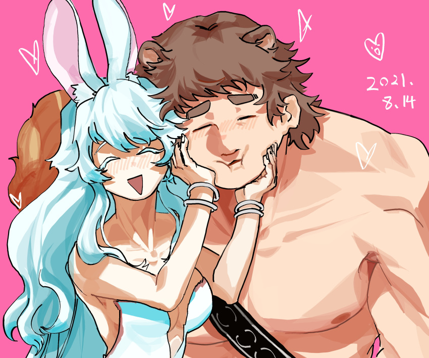 1boy 1girl ^_^ absurdres animal_ears areolae artemis_(fate) bangs bare_pectorals bear_ears blush breasts cheek_bulge closed_eyes fate/grand_order fate_(series) hand_on_another's_cheek hand_on_another's_face hetero highres large_pectorals medium_breasts muscular muscular_male pectorals rabbit_ears shigangtang_(hardcandy_l) short_hair sideburns single_bare_shoulder super_orion_(fate) sweatdrop thick_eyebrows upper_body