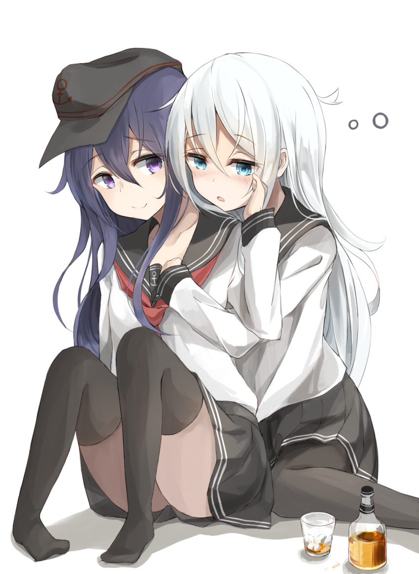 2girls akatsuki_(kantai_collection) alcohol anchor_symbol bangs black_legwear black_skirt blue_eyes blush bottle closed_mouth collarbone commentary_request cup drinking_glass drunk eyebrows eyebrows_visible_through_hair flat_cap hair_between_eyes hand_on_another's_cheek hand_on_another's_face hand_up hat hibiki_(kantai_collection) highres ice ice_cube kantai_collection knees_up leaning_on_person long_hair long_sleeves looking_at_another miyabino_(miyabi1616) multiple_girls neckerchief no_shoes open_mouth pantyhose pleated_skirt purple_hair remodel_(kantai_collection) shadow simple_background sitting skirt smile thigh-highs violet_eyes white_background white_hair yuri