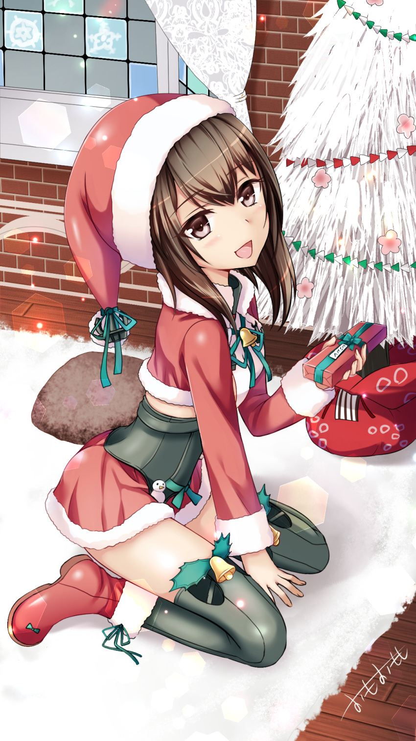 1girl :d adapted_costume alternate_costume artist_name bangs blush brown_eyes brown_hair christmas christmas_tree cropped_jacket dress gift hat hexagon highres holding holding_gift indoors kantai_collection lens_flare long_sleeves looking_at_viewer omoomomo open_mouth santa_costume santa_hat short_dress short_hair_with_long_locks signature sitting smile solo taihou_(kantai_collection) wariza wooden_floor
