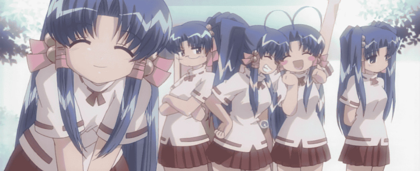 5girls :d ^_^ akasaka_saki animated animated_gif antenna_hair aoba_kozue bell blue_eyes blue_hair blush_stickers closed_eyes crossed_arms dual_persona glasses grin hair_bell hair_ornament hand_on_hip hips kanazawa_nanako konno_natsume long_hair looking_at_viewer mahoraba midorikawa_chiyuri multiple_girls multiple_persona open_mouth ponytail raised_hand screencap skirt smile twintails