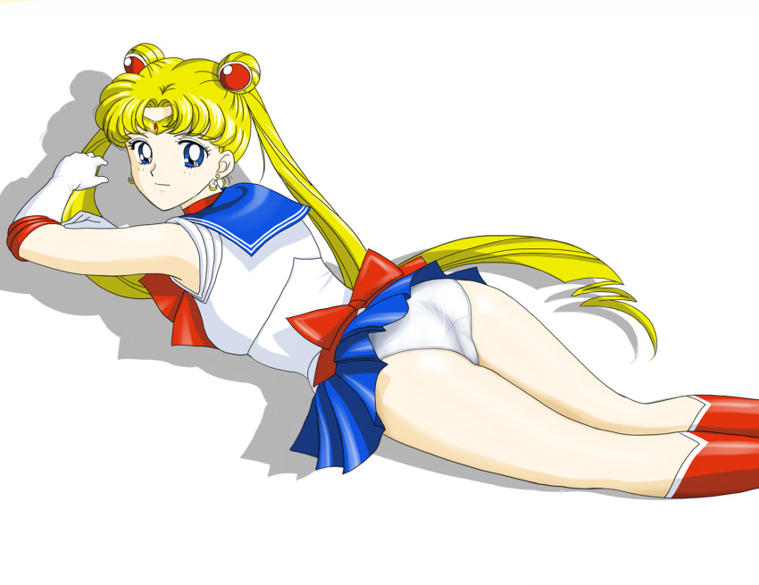 1girl 90s ass bishoujo_senshi_sailor_moon blonde_hair blue_eyes blue_skirt boots bow circlet double_bun elbow_gloves gloves highres knee_boots kneehighs long_hair lying magical_girl mr._r_(2ch's_sailor_moon_thread) panties pantyshot pantyshot_(lying) red_bow sailor_moon school_uniform serafuku skirt socks solo tsukino_usagi twintails underwear upskirt very_long_hair white_background