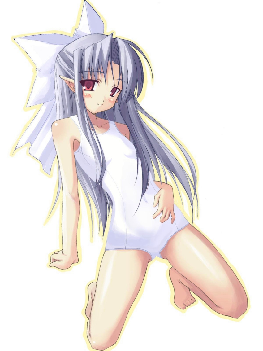 00s 1girl bangs bare_shoulders barefoot blush bow breasts collarbone exif_thumbnail_surprise feet female hair_bow hair_ornament half_updo highres kneeling large_bow legs len light_smile long_hair looking_at_viewer one-piece_swimsuit outline pointy_ears red_eyes school_swimsuit shingo_(missing_link) simple_background small_breasts solo swimsuit toes tsukihime white_background white_len white_school_swimsuit white_swimsuit
