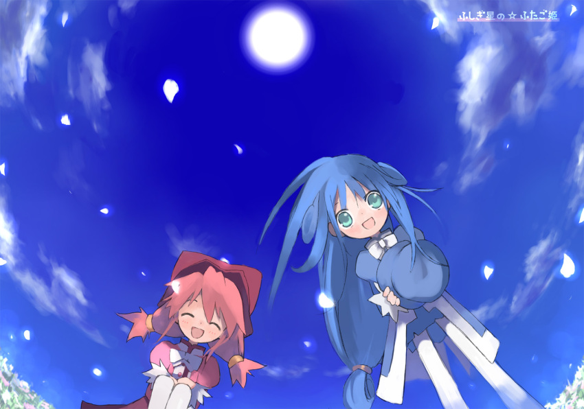 2girls blue_hair closed_eyes clouds coat copyright_name dutch_angle field fine floating_hair flower fushigiboshi_no_futago_hime hat hat_removed headwear_removed holding holding_hat long_hair looking_at_viewer mitsuki_mouse multiple_girls overcoat pantyhose petals pink_hair puffy_sleeves rein sky smile standing top_hat twintails very_long_hair wind