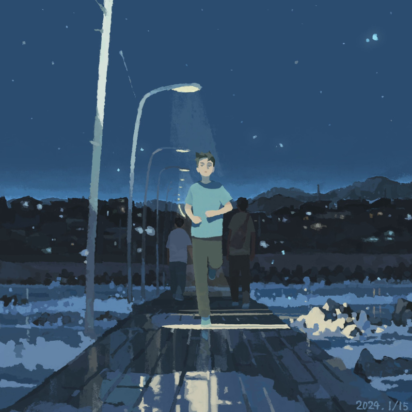 3boys back blue_theme full_body haragayowainja highres horizon lamppost leg_up male_focus multiple_boys night original outdoors reflective_floor running sky solo_focus star_(sky) starry_sky straight-on