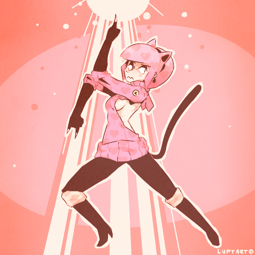 1girl blush boots breasts bubbles cat claws diu female fingerless_gloves genderswap genderswap_(mtf) gloves heart human humanized jojo_no_kimyou_na_bouken killer_queen kira_yoshikage leggings luftart meme neko outline pink pink_hair r63 solo stand sweater tail turtleneck virgin_killer_sweater